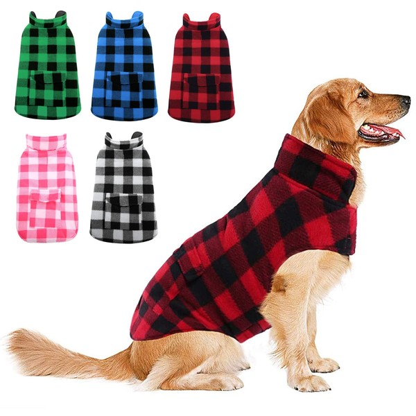 ASENKU Dog Winter Coat, Dog Fleece Jacket Plaid Reversible Dog Vest Waterproof Windproof Cold Weather Dog Clothes Pet Apparel for Small Medium Large Dogs Red XL