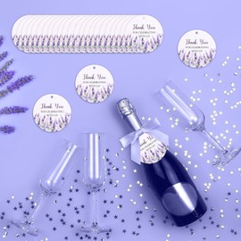 Diartpaint 50 Set Lavender Champagne Bottle Tags for Wedding Thank You Wine, Thank You Labels with Twist Tie Bows and Ribbon for Baby Bridal Shower, Birthday, Wedding, Party Supplies