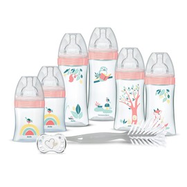 DODIE Newborn Infant Set - 6 Colic Bottles (2 x 150ml, 2 x 270ml, 2 x 330ml), 1 Anatomical Pacifier, 0-2 Months, 1 Bottle Brush - BPA Free - Pink