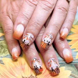 24 Pcs Fall Press On Nails Short Square - ZIFANHU Orange Glitter Fake Nails Press Ons Nail Full Cover Acrylic Autumn False Nails with Pumpkin Branches Design Glue on Nails Stick on Nails for Women