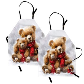 Ambesonne Christmas Apron Pack of 2, Classic Oil Paint Look Bear Family in Snowy Atmosphere of Xmas Joy, Unisex Kitchen Bib with Adjustable Neck, 2 Pcs - Adult Size, Off White Tan Dark Pink