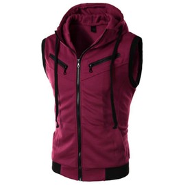 Previn - Sudadera con capucha para hombre, estilo casual, entallada, con cierre, con cordón, sin mangas, con capucha, Rojo -, M