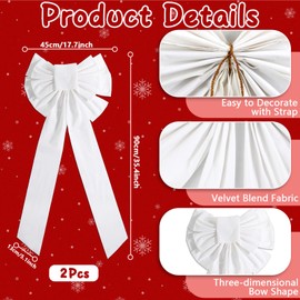 2Pcs Large Christmas Velvet Bows 35x 18 Inch Xmas Tree Decorative Large Velvet Bow Christmas Wreath Bow Holiday Ornaments for Home Indoor Outdoor Front Door Fence Stairs Railing Decorations (White)