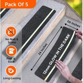 ThreadNanny Anti Slip Traction Treads with Glow in Dark Stripe (5-Pack), 6" X 24", Best Grip Tape Grit Non Slip, Outdoor Non Skid Tape, High Traction Friction Abrasive Adhesive for Stairs Step