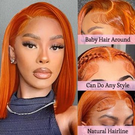 VYCRAVE Ginger Orange Lace Front Wigs Human Hair 350# Colored Bob Wig Human Hair Pre Plucked 13x4 HD Transparent Lace Frontal Glueless Wig 180% Density Straight Short Bob Wigs for Black Women 12 inch
