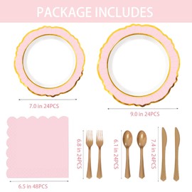 168 PCS Pink and White Disposable Paper Plates Set for 24 Guests, Includes 24 Dinner Plates, 24 Dessert Plates, 48 Napkins, 24 Forks, 24 Knives, 24 Spoons – Perfect for Party, Wedding, Baby Shower