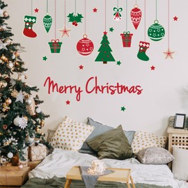Christmas Wall Decals Red Socks Christmas Tree Snowflake Wall Stickers Removable Peel and Stick Art Murals for Bedroom Nursery Classroom Kids Room Christmas Party Decoration (Christmas)