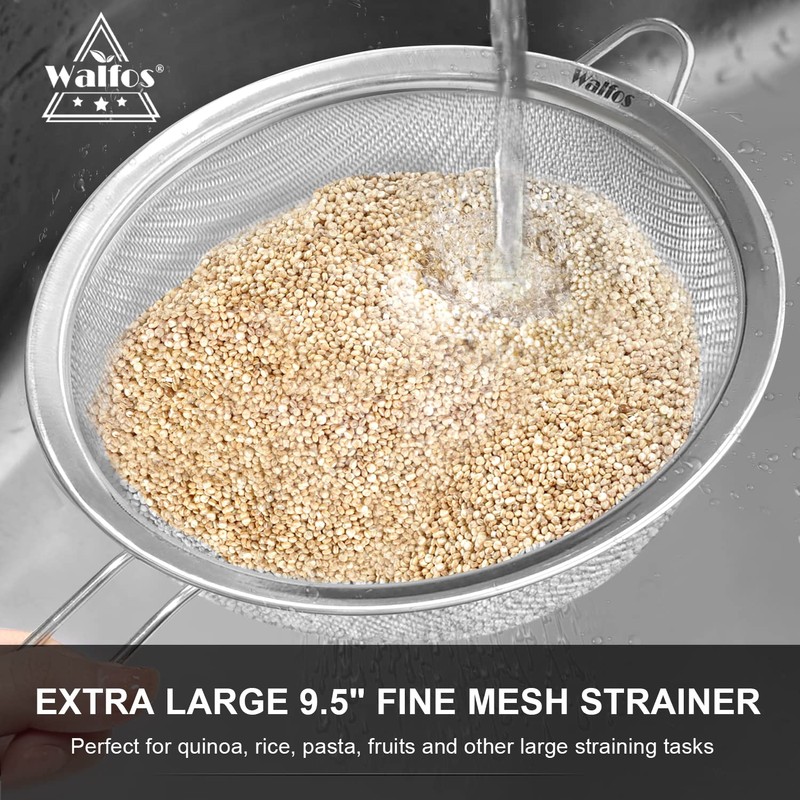 Walfos 9.5 Inch Large Fine Mesh Strainer, Stainless Steel 30