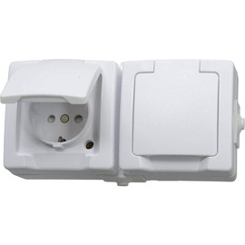 Kopp Nautic Double Protective Contact Socket with Hinged Lid and Increased Touch Protection, Surface-Mounted Wet Room, Horizontal, 16 A, 250 V/AC, IP44, Arctic White, 137002003
