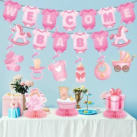 Tazuxetuqe Decorazioni per baby shower per bambina, banner rosa per baby shower in carta, banner di benvenuto per il neonato