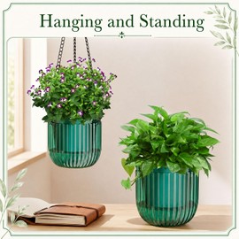 Romooa 6 Pack Emerald Self Watering Hanging Planters 4.5 Inch Self Watering Hanging Pots with 3 Hooks Drainage Holes PET Flower Pots Baskets for Indoor Outdoor Plants Garden Home Wall Window Decor