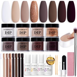 AZUREBEAUTY AZUREBEAUTY 30Pcs Dip Powder Nail Kit Starter, 8 Colors Nude Brown Glitter Purple Nude with Nail Sticks, Nail Art Liquid Set with Matte/Base/Top Coat Activator for French Manicure Salon
