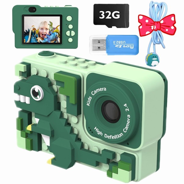 Kids Camera for Boys Girls Age 3-12 with DIY Dinosaur Puzzle, 1080P Toddler Camera & Selfie Video Camera for Kids with 32GB SD Card, Fun Christmas Birthday Gifts for Kids