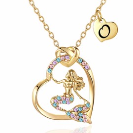 K-Acc 14K Gold-Plated Mermaid Initial Heart Necklace - Gifts for Girls