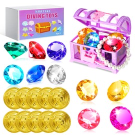 NHBTYKL Diving Gem Pool Toys Colourful Big Diamonds and Gold Coins with Pirate Treasure Chest Throwing Toys Water Toys Underwater Gems Swimming Training Gift for Kids Birthday Party Favor