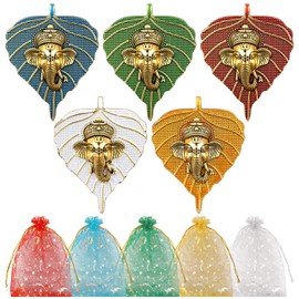 Weysat 5 Pack Metal Leaf Ganesha Diwali Decor Wall Hanging 5 Inch Gold Metal Ganesha on Leaf for Home Office Wedding Housewarming Return Gift Pooja Favors