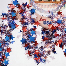 60Ft 4th of July Garland Decorations Red White Blue Glitter Metallic Tinsel Garland Patriotic Decorations for Independence Day Party, Parade Floats, Golf Cart, Bike, Home Mantel Indoor&Outdoor Decor