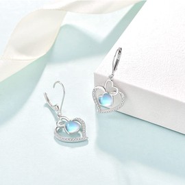 TANGPOET Drop Earrings 925 Sterling Silver Dangle Earrings Heart Moonstone Dangly Earrings Valentines Day Jewellery Gifts for Women Ladies Girls