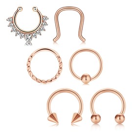 MODRSA 16G Septum Piercing Stainless Steel Nose Lip Eyebrow Rings Helix Cartilage Daith Earring Hoop Piercing for Women Men 6PCS - Rose Gold