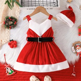 Yaopelky Toddler Girl Christmas Santaa Dress Baby Girls Velvet Suspender Skirt with Cute Hat Belted Infant Christmas Dress (US, Age, 12 Months, 18 Months, Red)