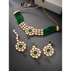 Aheli Gold Plated Green Kundan Embellished Choker Necklace Earring & Maangtikka Jewelry Set Gift for Women