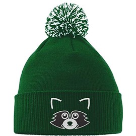 Hippowarehouse Cute Raccoon Face Embroidered Beanie Hat with Bobble Bottle Green