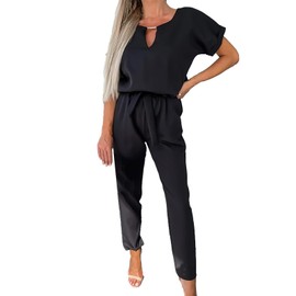amropi Jumpsuit Women's Elegant Short Sleeve Playsuit V-Neck Casual Loose Overalls Long Romper, black