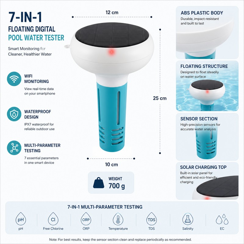 7-in-1 Digital Pool Water Tester for Smart Monitoring – Wireless