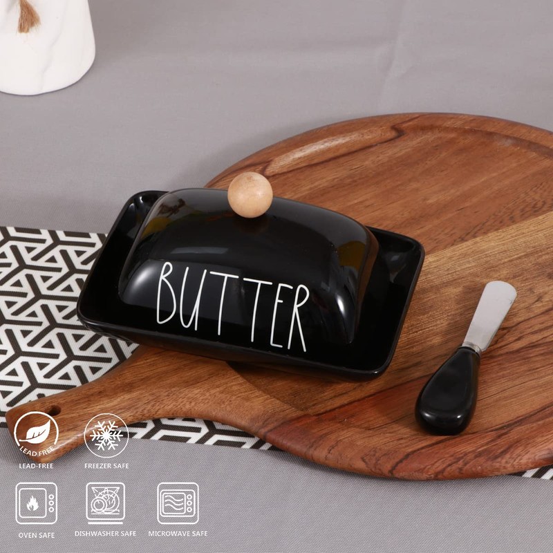oskas Farmhouse Porcelain Black Butter Dish with Lid and Knife