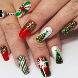Christmas Tree Press on Nails Sparkly Curve Line Acrylic Fake Medium Coffin Nails Tie Bow Stick on Nails Glossy Green Glitter False Nails Rhinestones Gel Glue on Nail for New Year Gift Women 24 Pcs