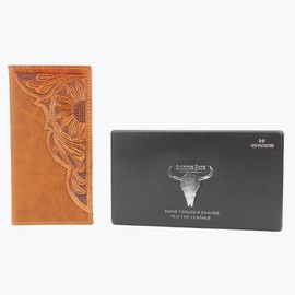 American Bison Tooled Side Rodeo Wallet with Conchos – Oil Pull Up – Durable, Stylish & RFID Protected (No Conchos, Tan)