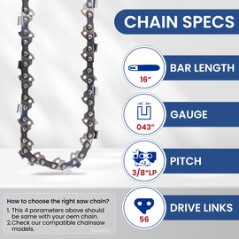TM TWOMEM 16 Inch Chainsaw Chain, 3 Pack, 3/8" LP Pitch .043'' Gauge 56 Drive Links Fits Milwaukee M18, Dewalt and More
