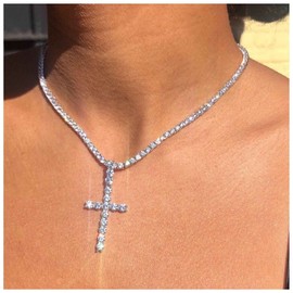Yheakne Boho Tennis Chain Choker Necklace Silver CZ Tennis Cross Pendant Necklace Shiny Cubic Necklace Chain Shiny Nightclub Necklace Chain Jewellery for Women and Girls, Metal, Rhinestone