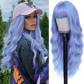 Long Wavy Curly Blue Wig with Fringe for Women Natural Synthetic Hair Heat Resistant Wigs for Ladies Daily or Party Cosplay Wear-26 Inches light blue