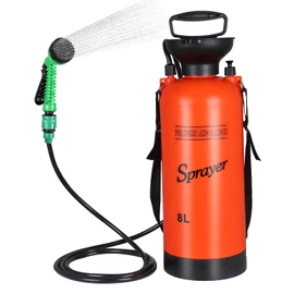 Finderomend 2.1 Gallon Portable Shower for Camping with 7 Spray Modes, Hand Press Camping Shower with Removable Hose and Shower Head,8L Pressure Rinse Kits for Hiking Traveling Garden Beach Pet Shower