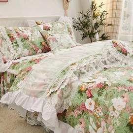 FADFAY French Country Bedding Set Twin Cotton Girls Floral Duvet Cover 4 Piece- White Lace Luxury Princess Dust Ruffle 18'' Split Corner Bed Skirt