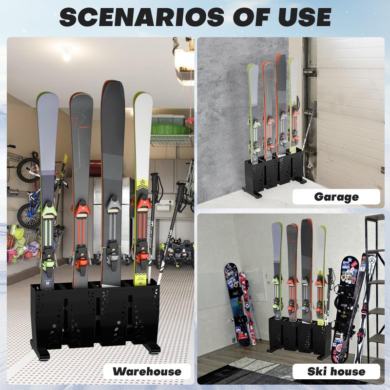 Ski Storage Rack for Garage, 4 Pair Heavy Duty Steel