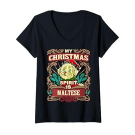 Womens Maltese My Christmas Spirit Dog Santa Claus Elf Gnome V-Neck T-Shirt
