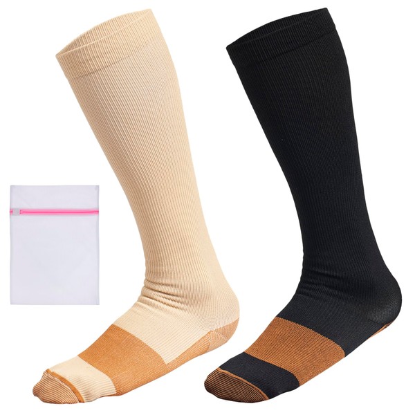360 RELIEF 2 Pairs Copper Infused Compression Socks - for Men and Women Supports | Varicose Veins, Achy Feet Blood Circulation, Travel, Running, Pregnancy | XXL, Beige+Black with Mesh Laundry Bag |