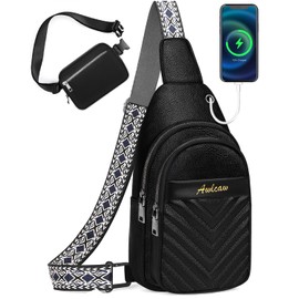 Awlcaw Crossbody bags Set, Faux Leather Small Sling Bag Fashion Shoulder Waist Packs Purse and Fanny Packs Set for Man and Women, Black