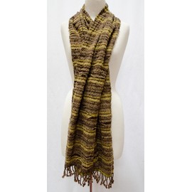 Unisex Boiled Wool Ribbon Applique Stripe Fringed Scarf Shawl Wrap Stole Olive Green Brown