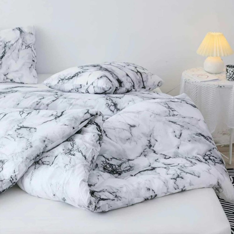 ETDIFFE King Size White Black Marble Comforter Set, 3pc Gray