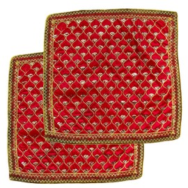 NAISHA Red Pooja Aasan Mat (Set of 2), 18" X 18" Velvet Puja/Altar Cloth Mandir, Multipurpose Pooja Decorations Keeping Accessories of Temple, Chowki, Slab Article