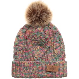ANGELA & WILLIAM Women's Winter Fleece Lined Cable Knitted Pom Pom Beanie Hat with Hair Tie. (Multi Rainbow)