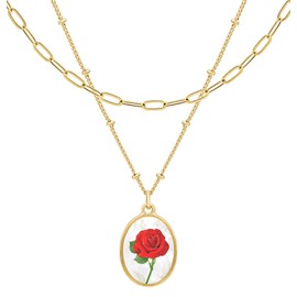 BONALUNA Birth Flower 14K Gold Necklace - 2 Layered & Seperate Chains with Dainty White Shell Pendant, Featuring Birth Month Real Flower Motif, Perfect Jewelry for Birthday Gifts