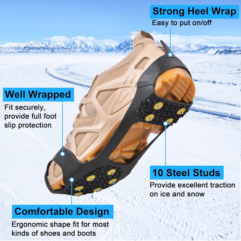 JSHANMEI Ice Snow Grips Traction Cleats, 10 Steel Studs, Black-Medium