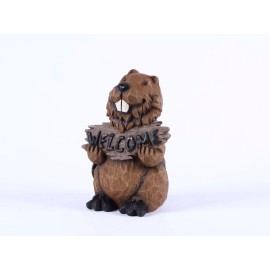 Hi-Line Gift Ltd. 12" H Beaver Holding Welcome Sign Garden Statue Resin Garden Yard Porch Decor