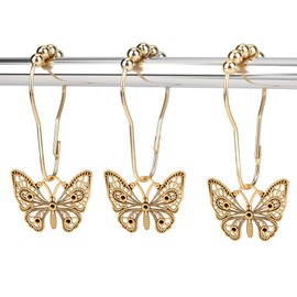 WEBEEDY 12 Pcs Gold Butterfly Shower Curtain Hooks Stainless Steel Shower Curtain Rings Rust Proof Rings Butterfly Bathroom Decor Window Curtains Ring for Bedroom Living Room Home Decor