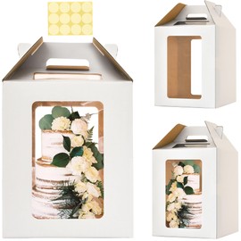 Hzzycaxli 3 Pack Tall Cake Boxes for Tier Cakes,12 x12x14 Inches Large Tiered Cake Carriers with Windows,10in 12in Disposable Layer Tall Baking boxes with Handle for Birthday,Wedding,Party
