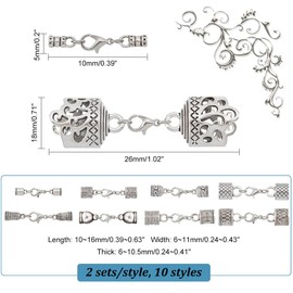 PH PandaHall 20 Sets 10 Styles Leather Cord End Caps Alloy Cord End Caps with Lobster Clasp End Tip with Loop Ring Connector for DIY Crafts Jewellery Making Necklace Bracelet